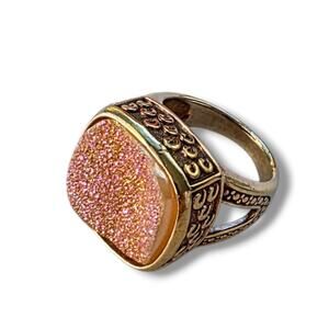 RSI 925 Gold Plated Druzy Stone Statement Cocktail Ring Boho Size 9 Pink